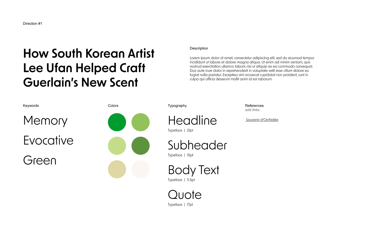 Direction 1 brand template — keywords Memory, Evocative, Green with a saturated green palette and typography scale