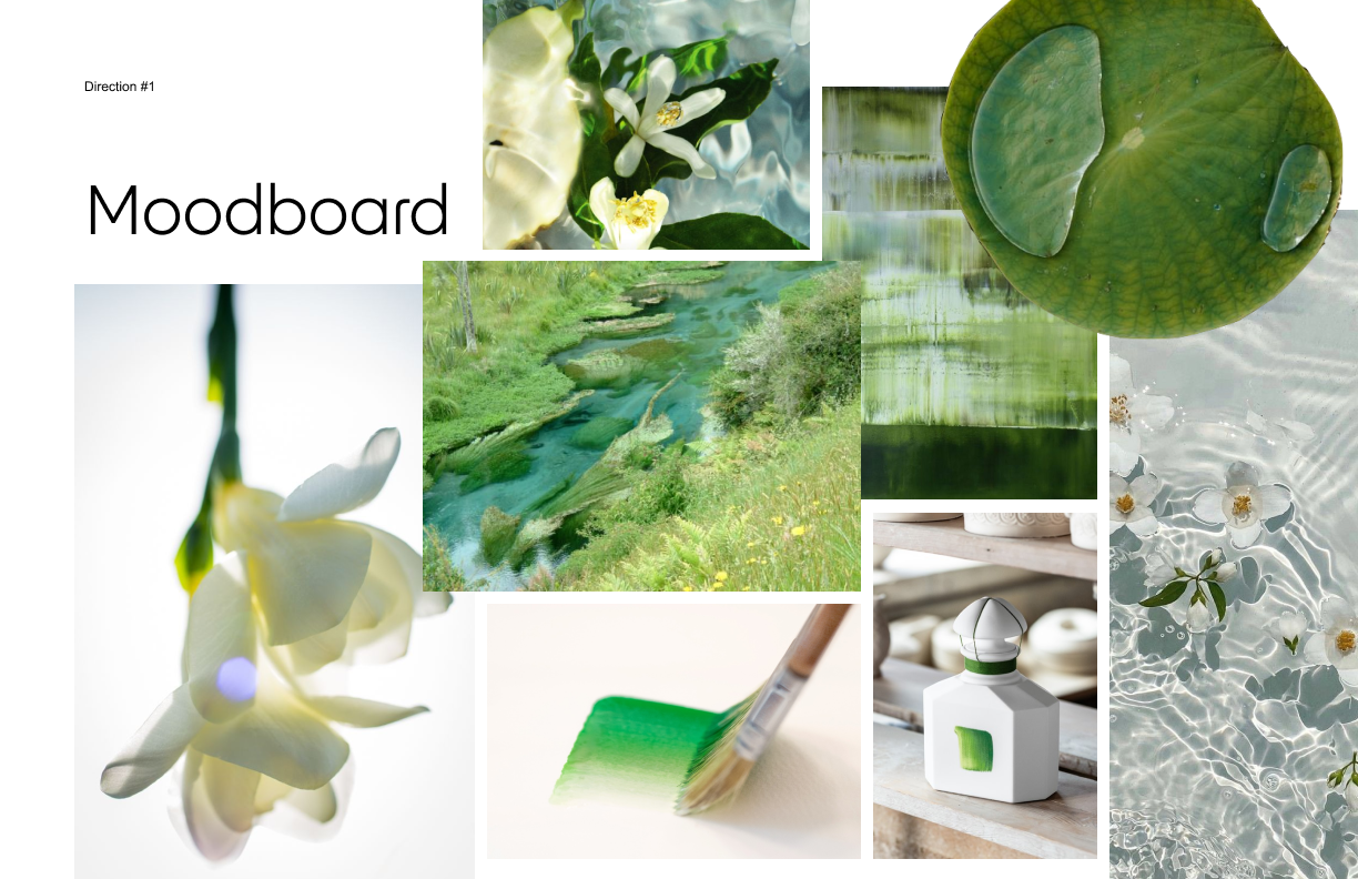 Direction 1 moodboard — mountain rivers, blossoms, a green brushstroke, and water