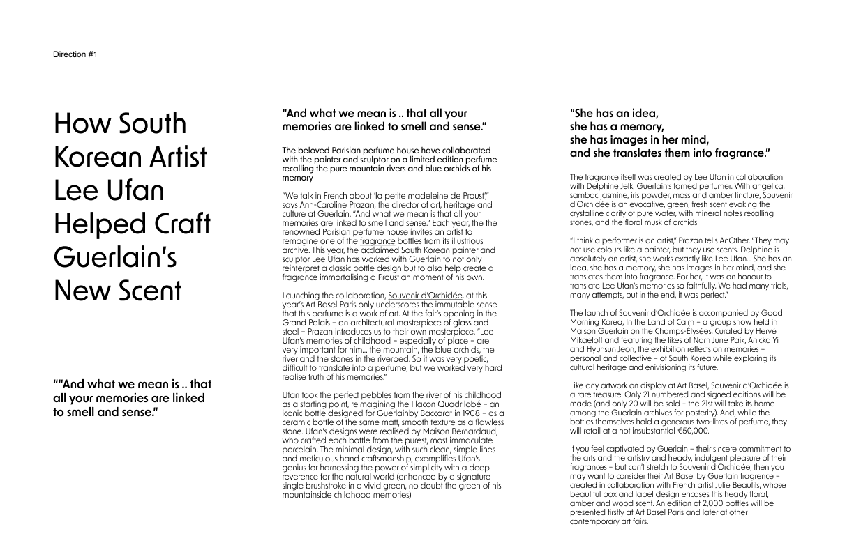 Direction 1 typography layout — long-form typesetting with the article quote pulled up as a subheading