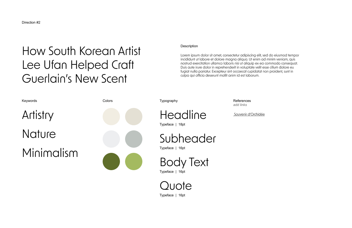 Direction 2 brand template — keywords Artistry, Nature, Minimalism with a muted neutral palette