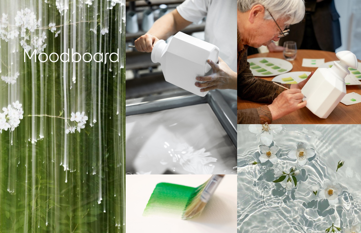 Direction 2 moodboard — literal images of the bottle craft, the perfumer, and water blossoms