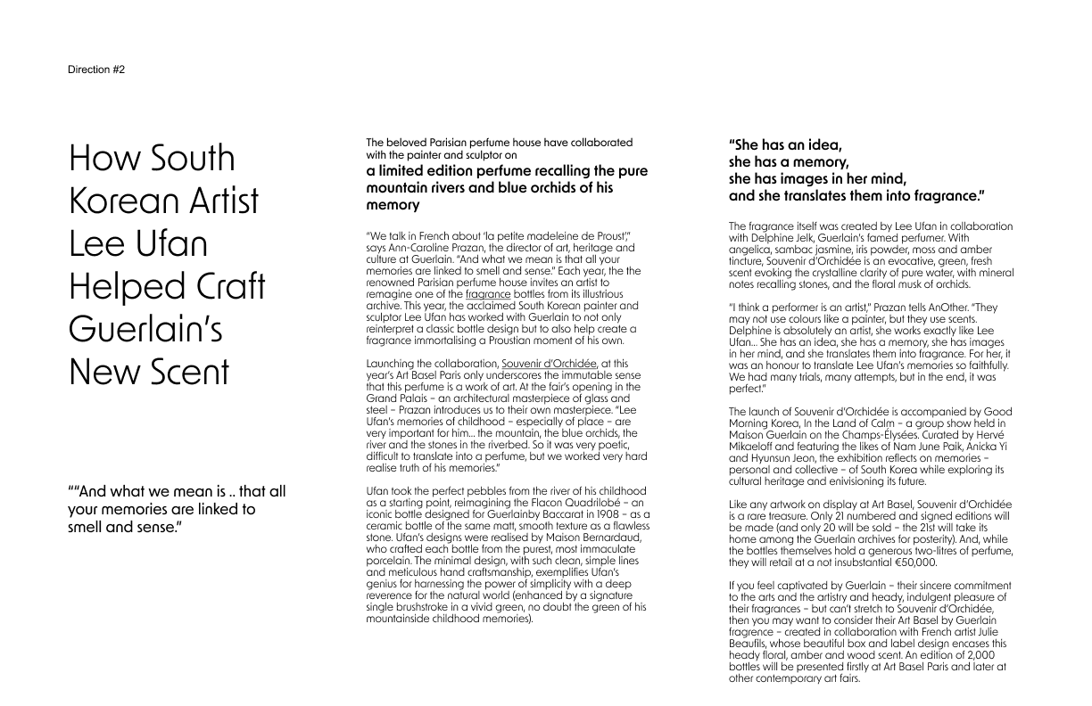 Direction 2 typography layout — minimal, restrained long-form typesetting
