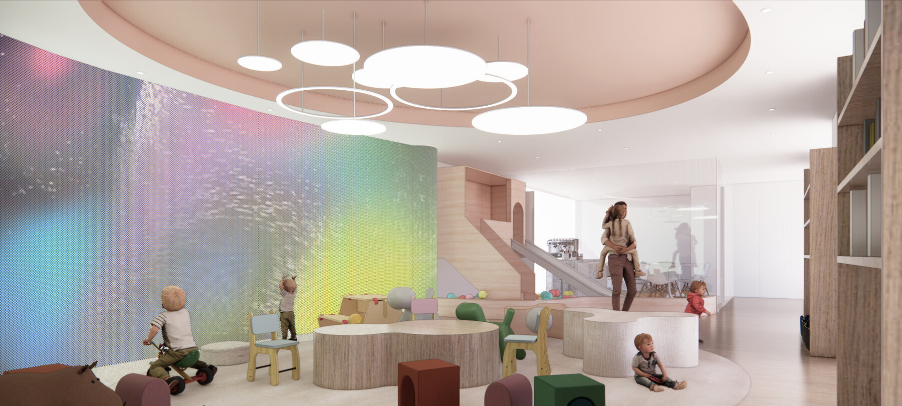 Kids' zone — central play space with interactive light wall