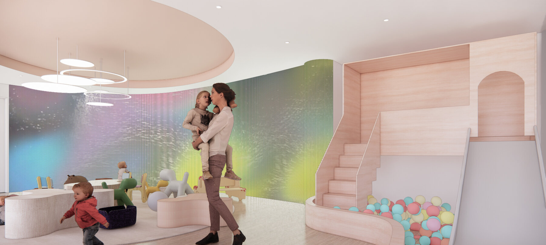 Perspective view toward the climbing stair, slide, and ball pit