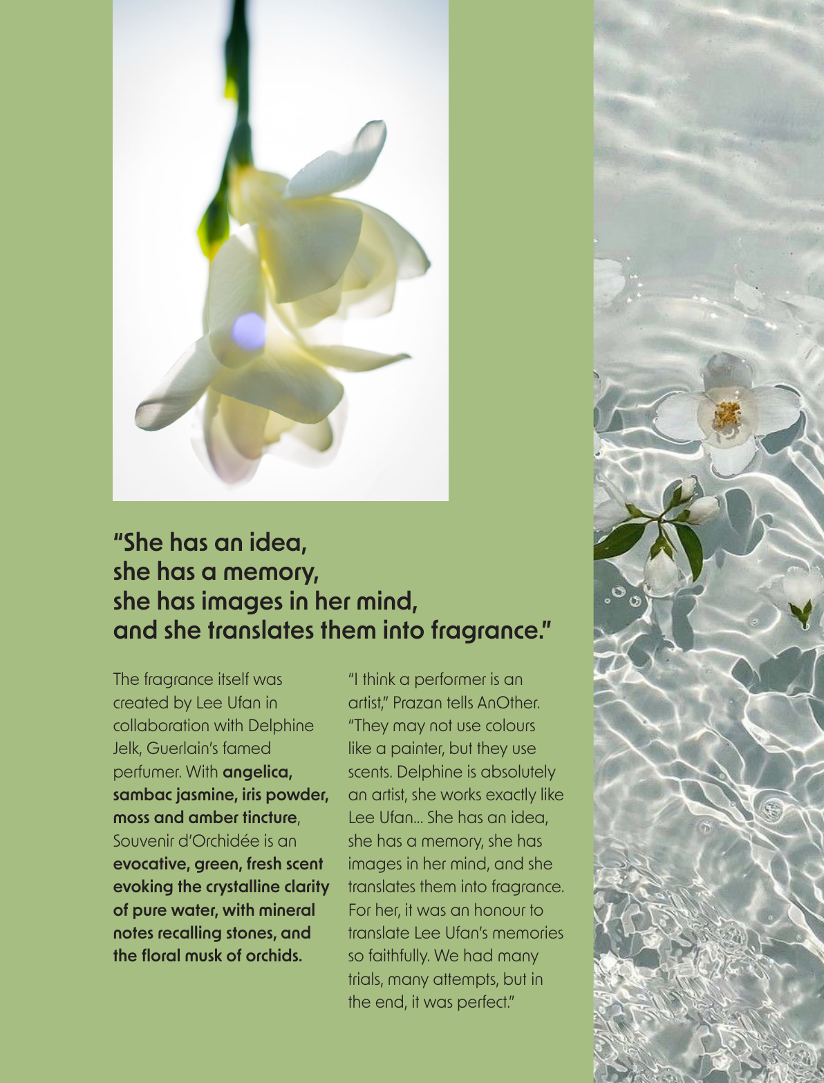 Spread two, left page — orchid and water with a large pull-quote